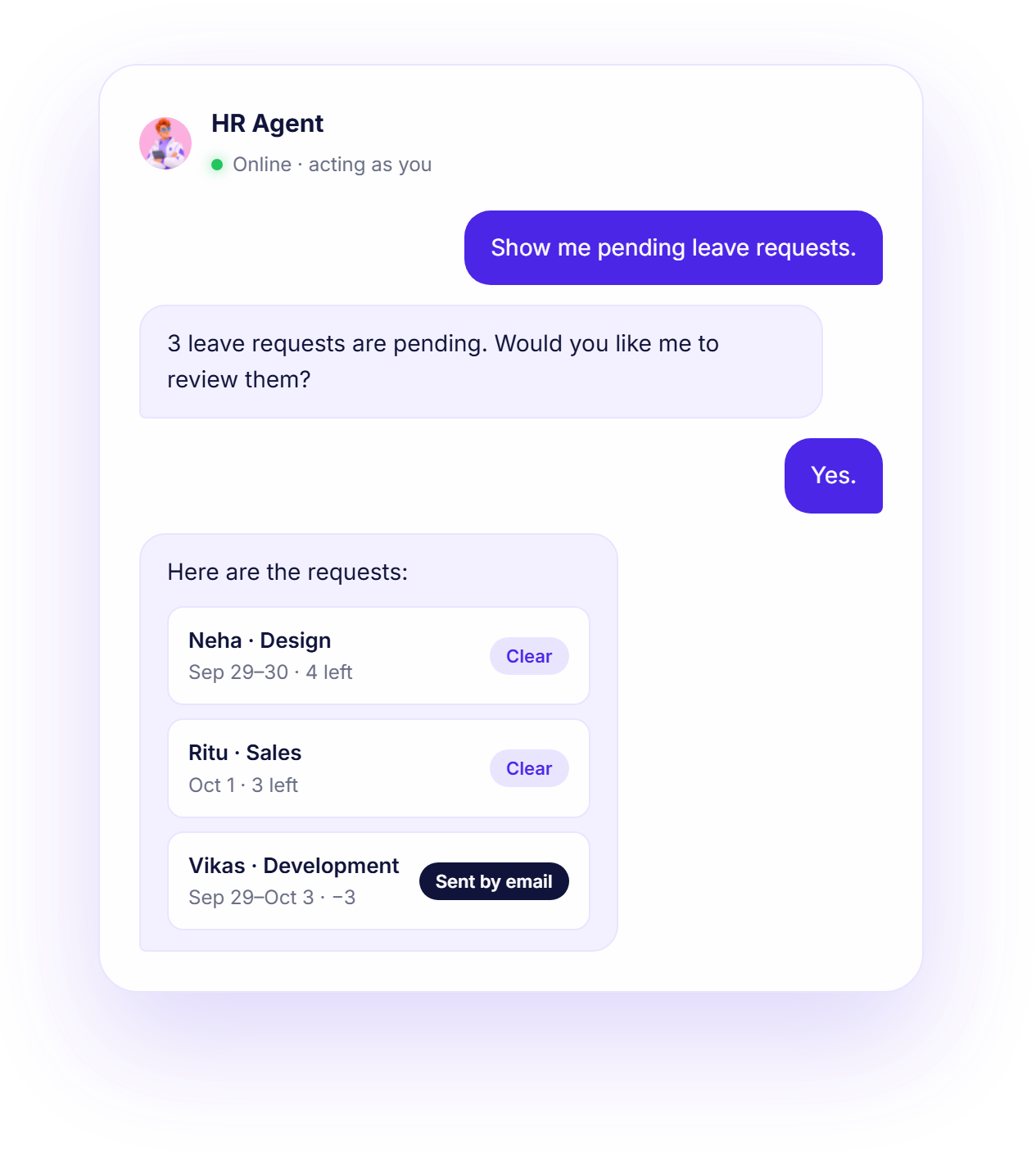 HR Agent conversation reviewing pending leave requests
