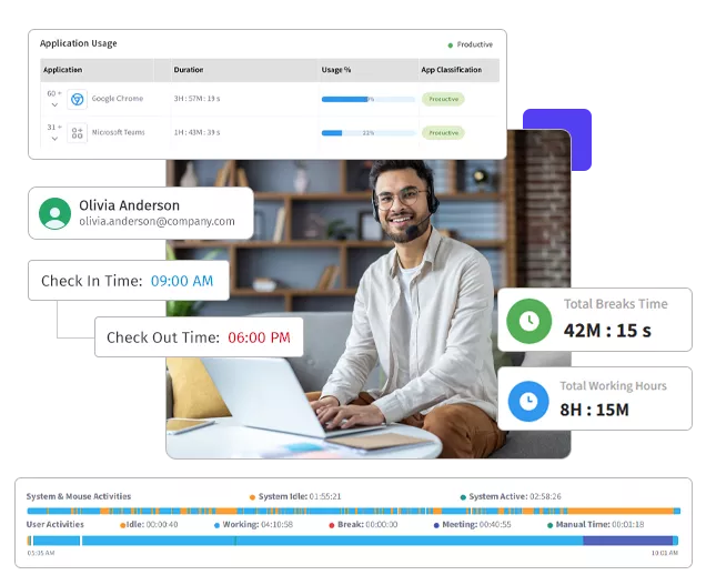 Hybrid employee working with BuzyTeam check-in, working hours and activity tracking